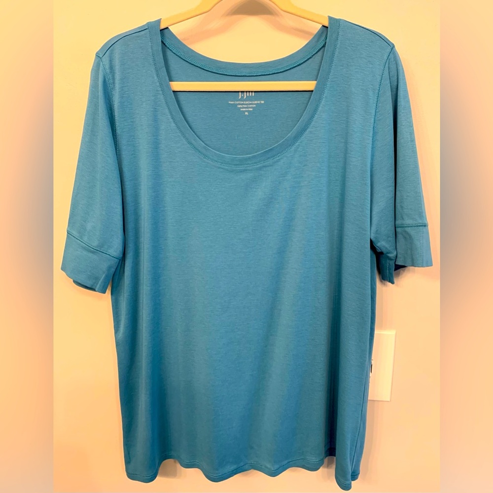 J Jill Pima cotton scoop neck elbow sleeve top, blue